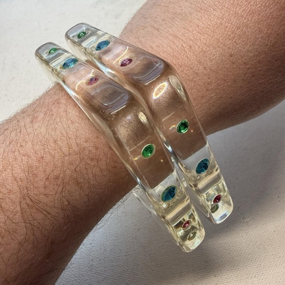 Jewelry - Lot Of 2 Mod Rhinestone Clear Lucite Square Bangle Bracelets Vintage Pastel 8"